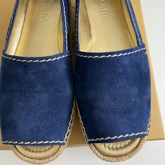 PRADA 31121 BLUE SUEDE PEEP TOE PLATFORM ESPADRILLE SZ 38 - Picture 4 of 7
